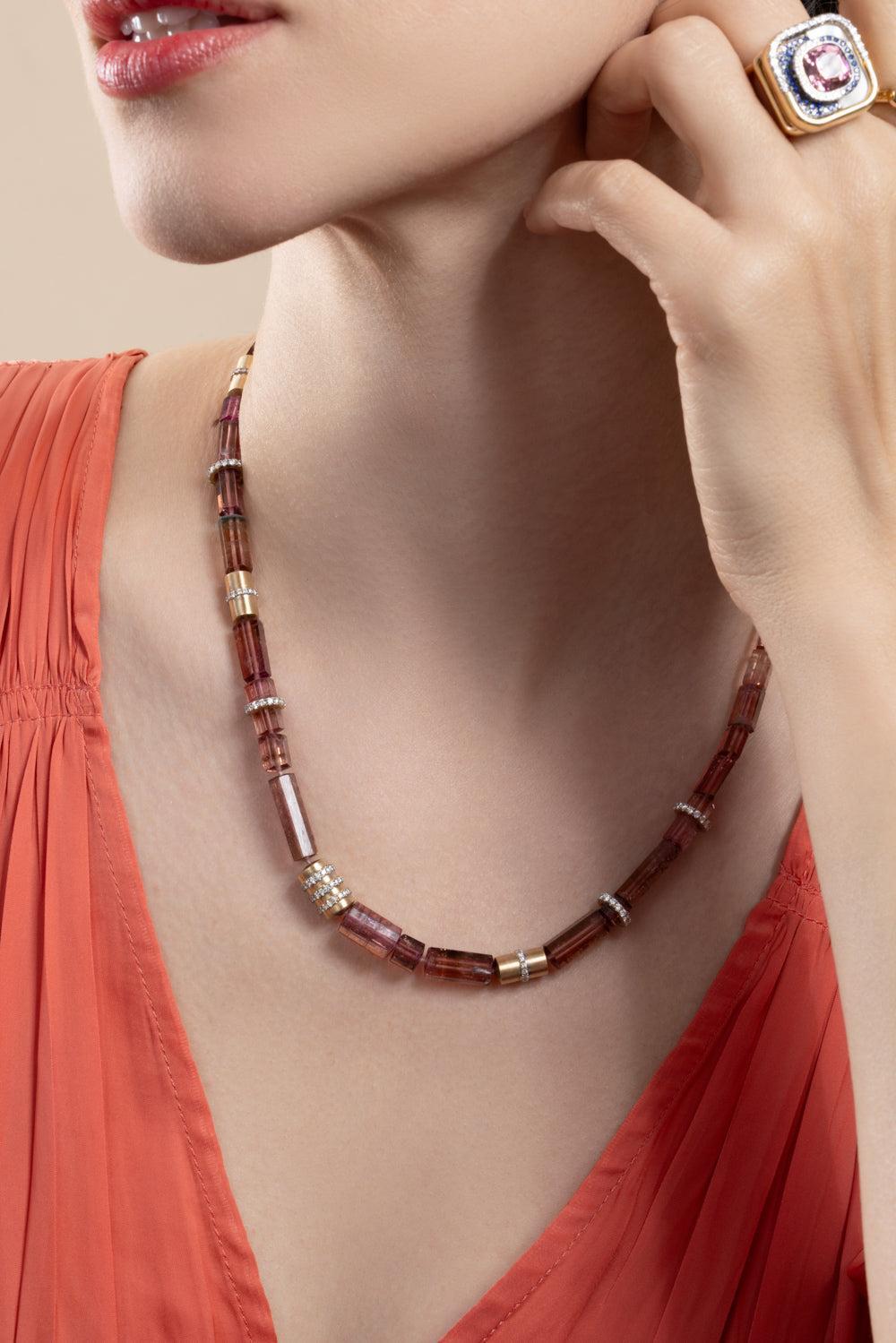 Pink Tourmaline Beaded Necklace-YELLOW GOLD-18-JEWELRYFINE JEWELNECKLACE O-EDINA KISS