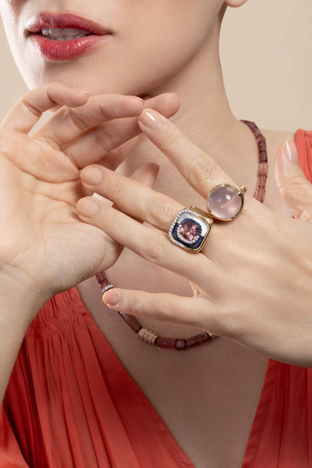 Pink Tourmaline Pearl Mid Century Ring-YELLOW GOLD-8-JEWELRYFINE JEWELRING-EDINA KISS