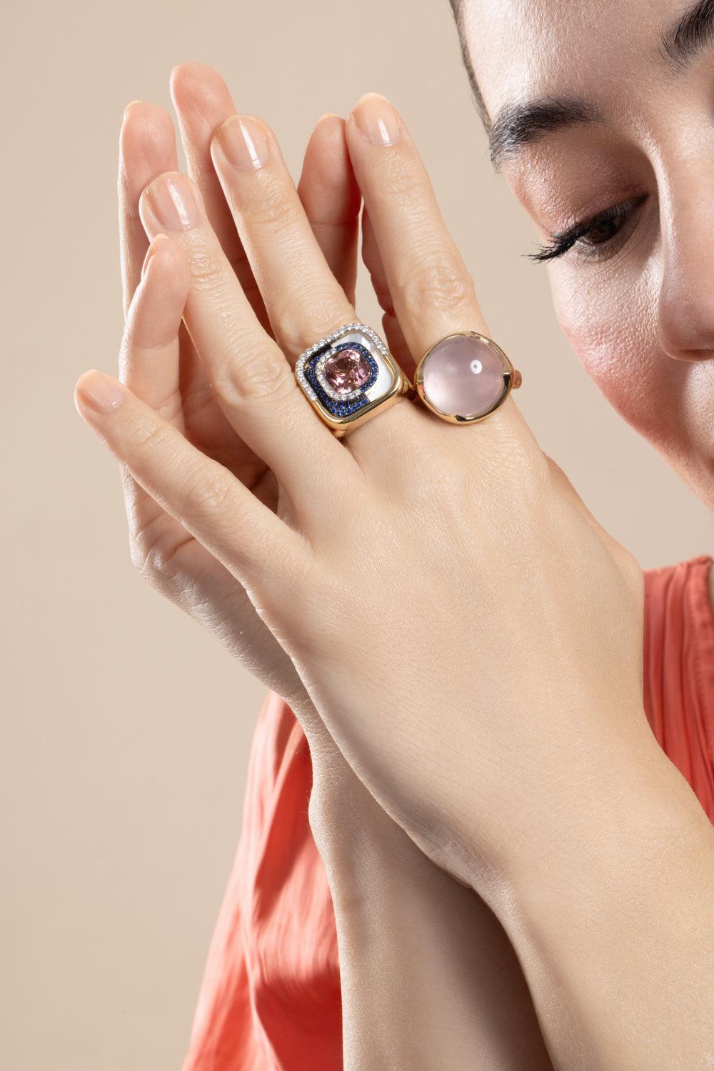 Rose Quartz Molten Ring-YELLOW GOLD-7-JEWELRYFINE JEWELRING-EDINA KISS