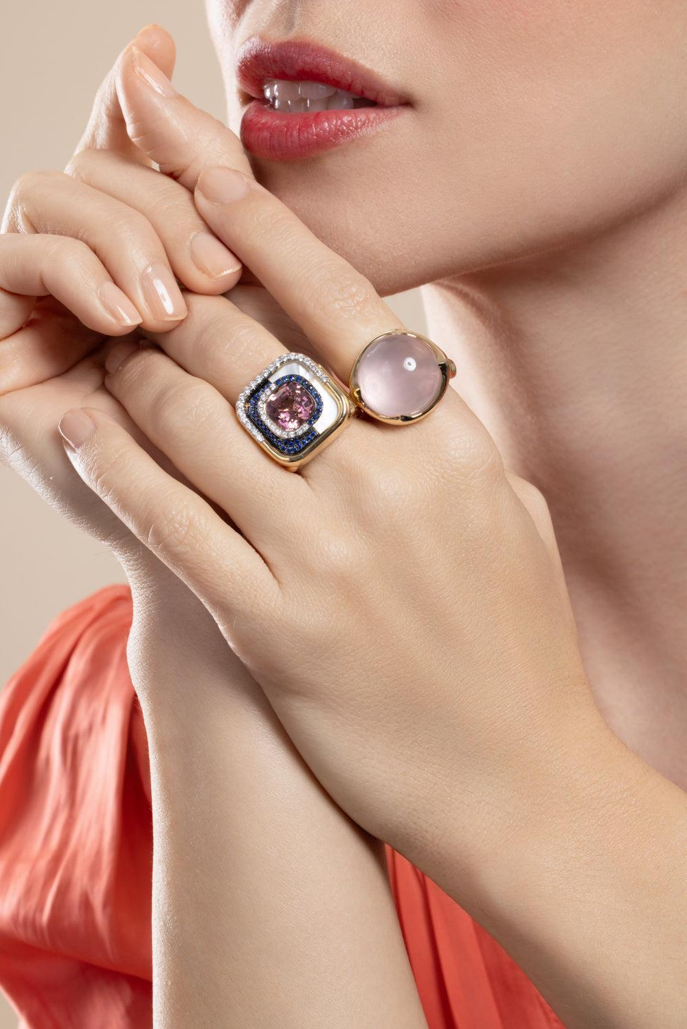 Rose Quartz Molten Ring-YELLOW GOLD-7-JEWELRYFINE JEWELRING-EDINA KISS