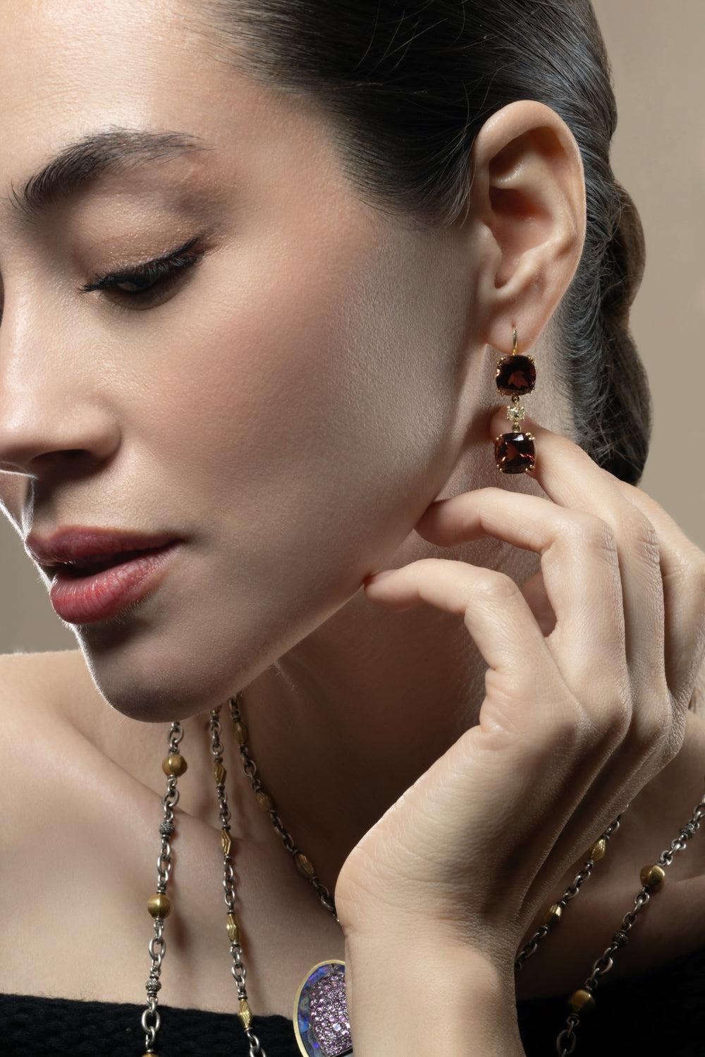 Pink Tourmaline Diamond Old Cut Drop Earrings-YLW GOLD-JEWELRYFINE JEWELEARRING-SYLVA & CIE