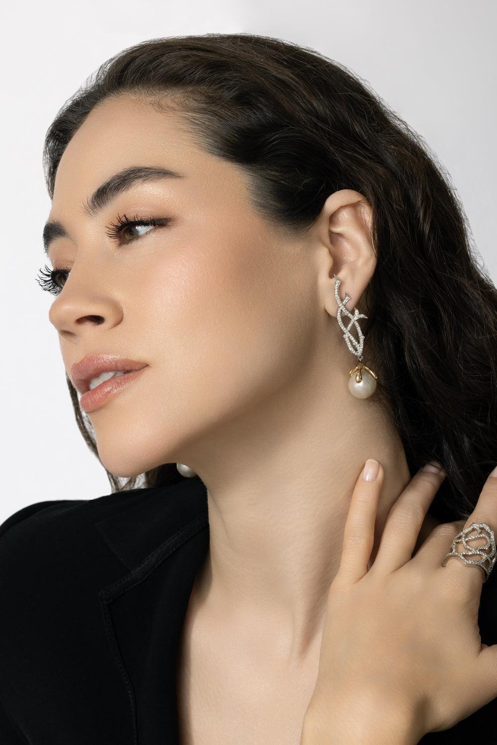 Eleven Pearl Diamond Briar Earrings-WHITE GOLD-JEWELRYFINE JEWELEARRING-PARULINA