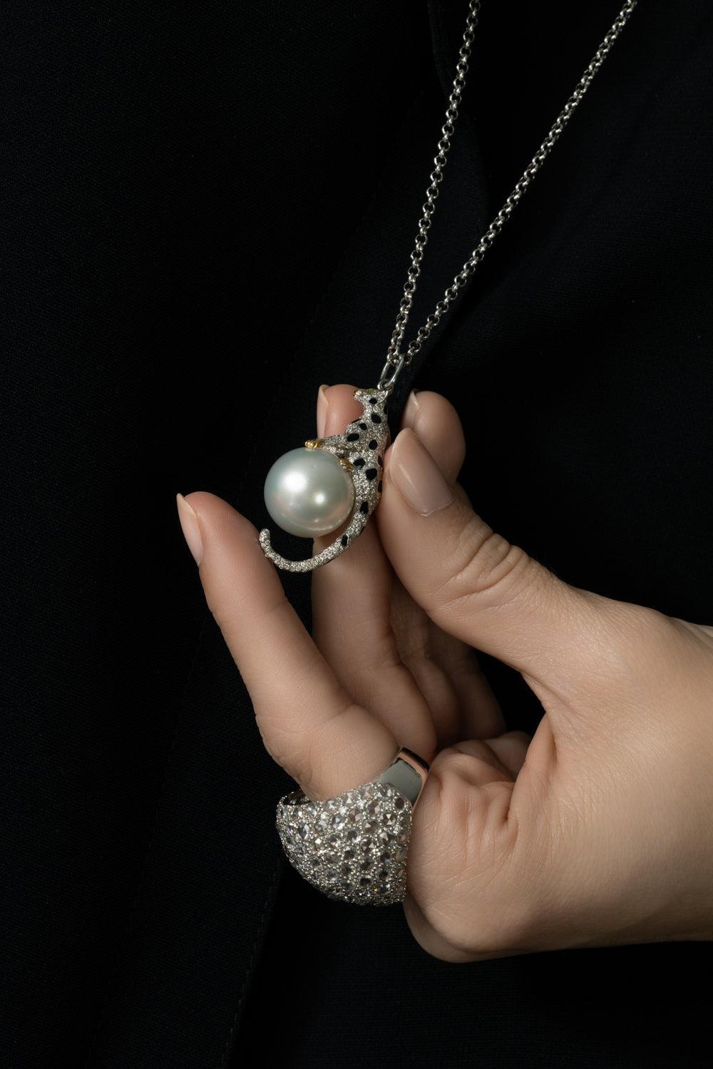Leopard Hanging Pearl Necklace-WHITE GOLD-JEWELRYFINE JEWELNECKLACE O-PARULINA