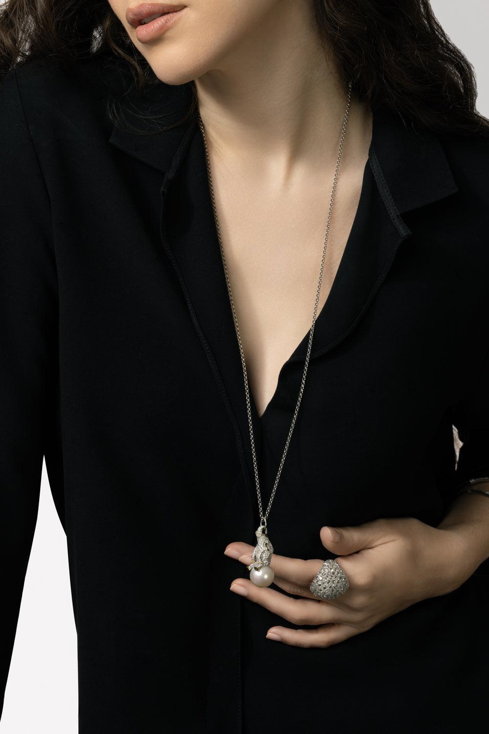 Elephant Hanging Pearl Necklace-WHITE GOLD-JEWELRYFINE JEWELNECKLACE O-PARULINA