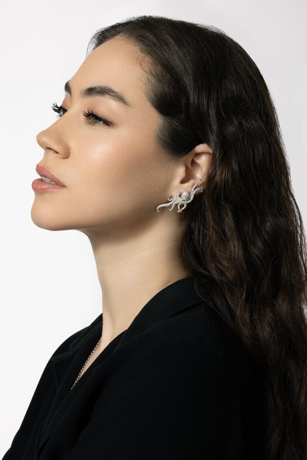 Hanging Diamond Octopus Ear Climbers-WHYGOLD-JEWELRYFINE JEWELEARRING-PARULINA