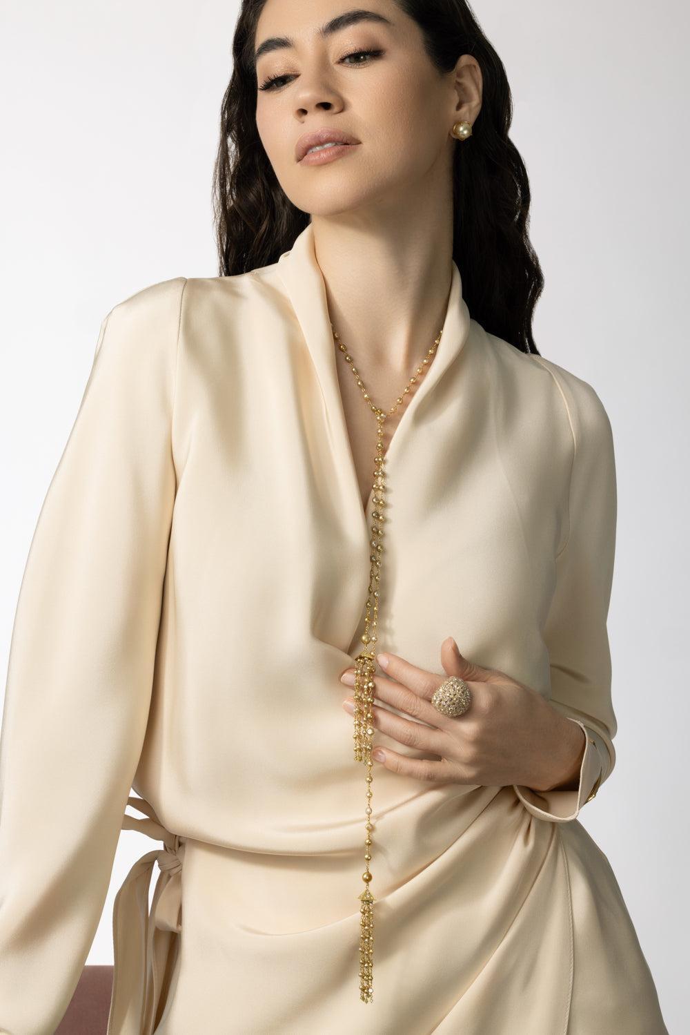 Golden Keshi Pearl Tassel Necklace-YELLOW GOLD-JEWELRYFINE JEWELNECKLACE O-PARULINA
