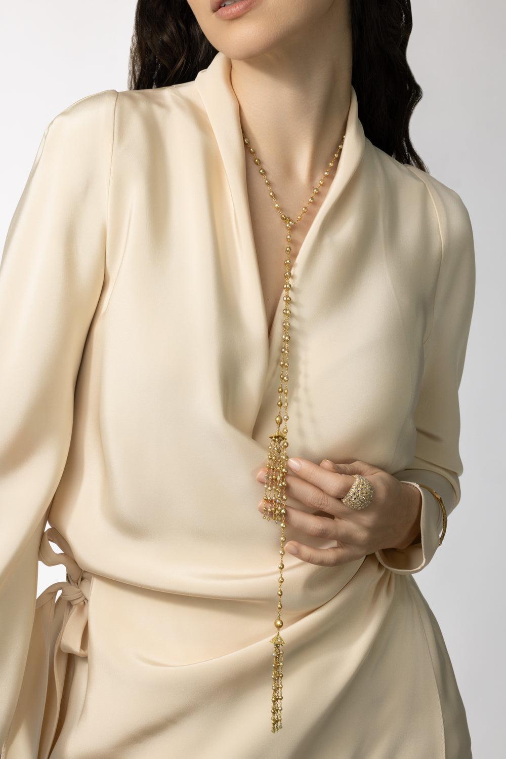 Golden Keshi Pearl Tassel Necklace-YELLOW GOLD-JEWELRYFINE JEWELNECKLACE O-PARULINA