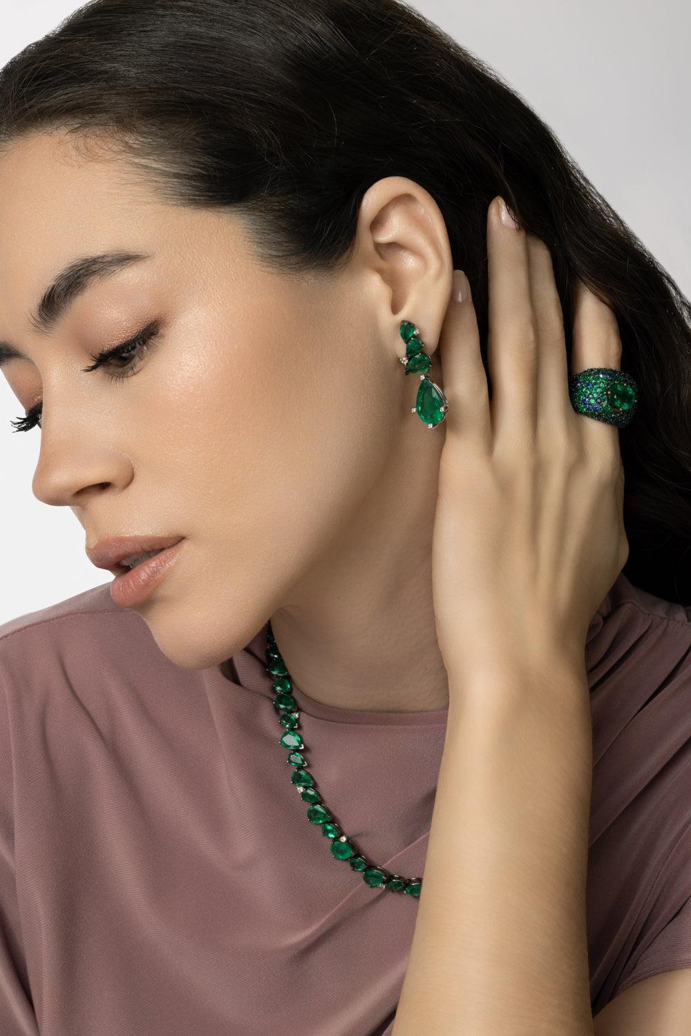 Emerald Diamond Detachable Earrings-WHITE GOLD-JEWELRYFINE JEWELEARRING-PARULINA