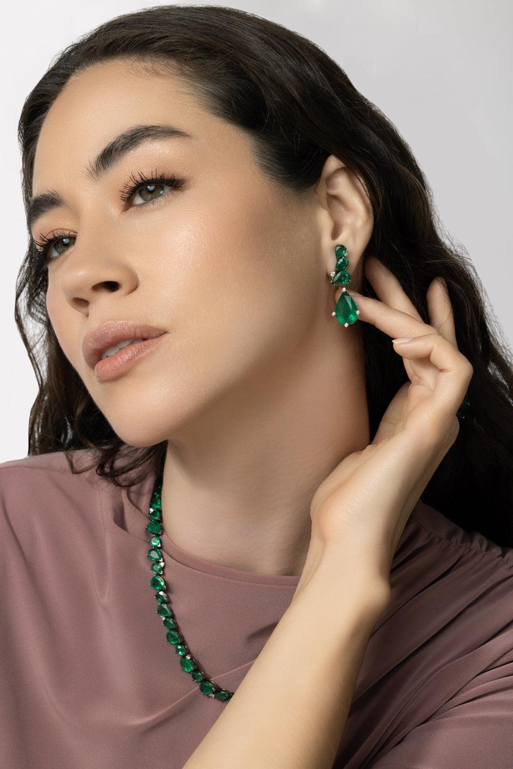 Emerald Diamond Detachable Earrings-WHITE GOLD-JEWELRYFINE JEWELEARRING-PARULINA