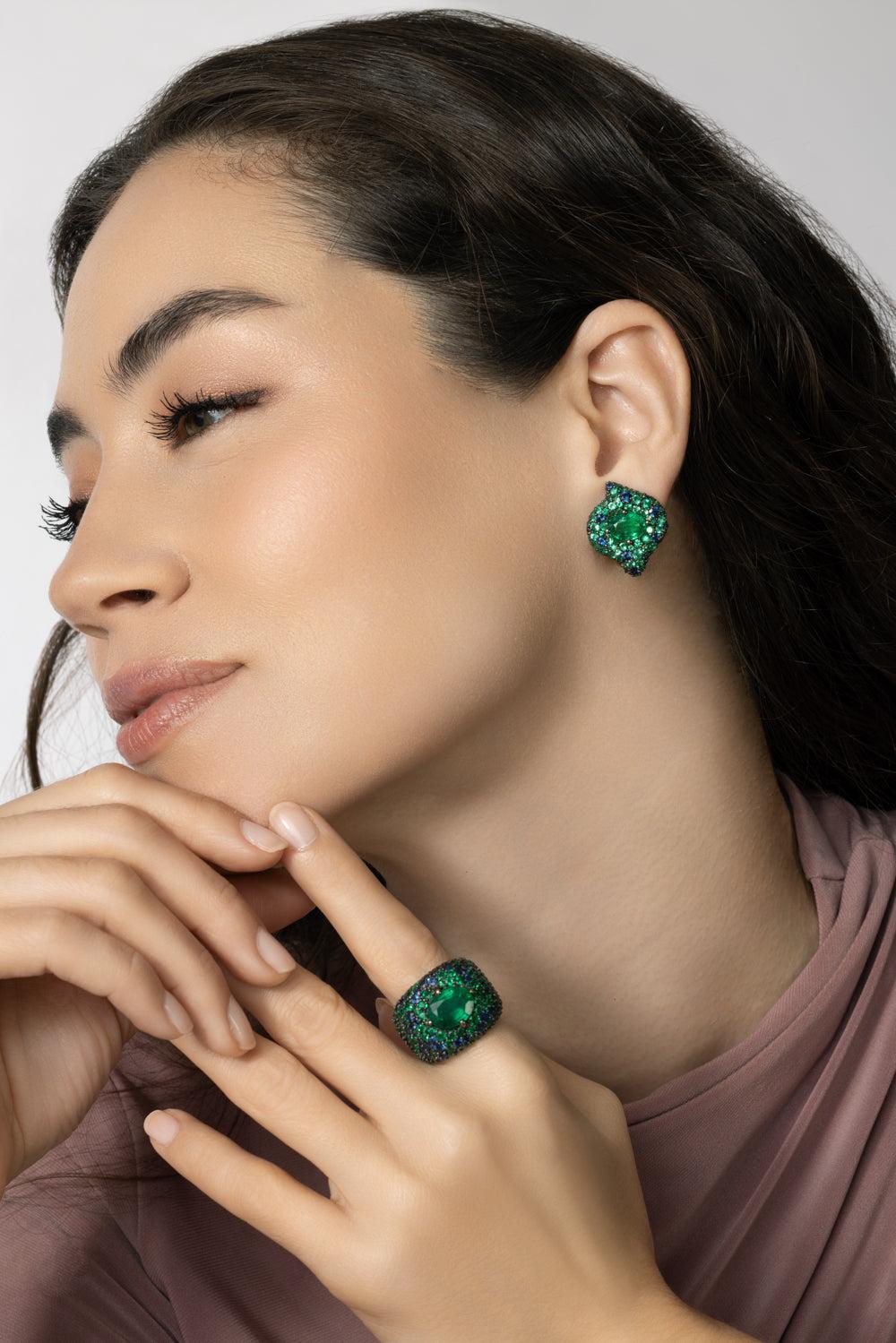 Emerald Sapphire Forest Earrings-YELLOW GOLD-JEWELRYFINE JEWELEARRING-PARULINA