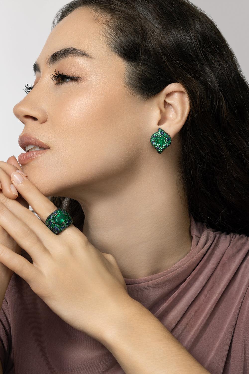 Emerald Sapphire Forest Earrings-YELLOW GOLD-JEWELRYFINE JEWELEARRING-PARULINA