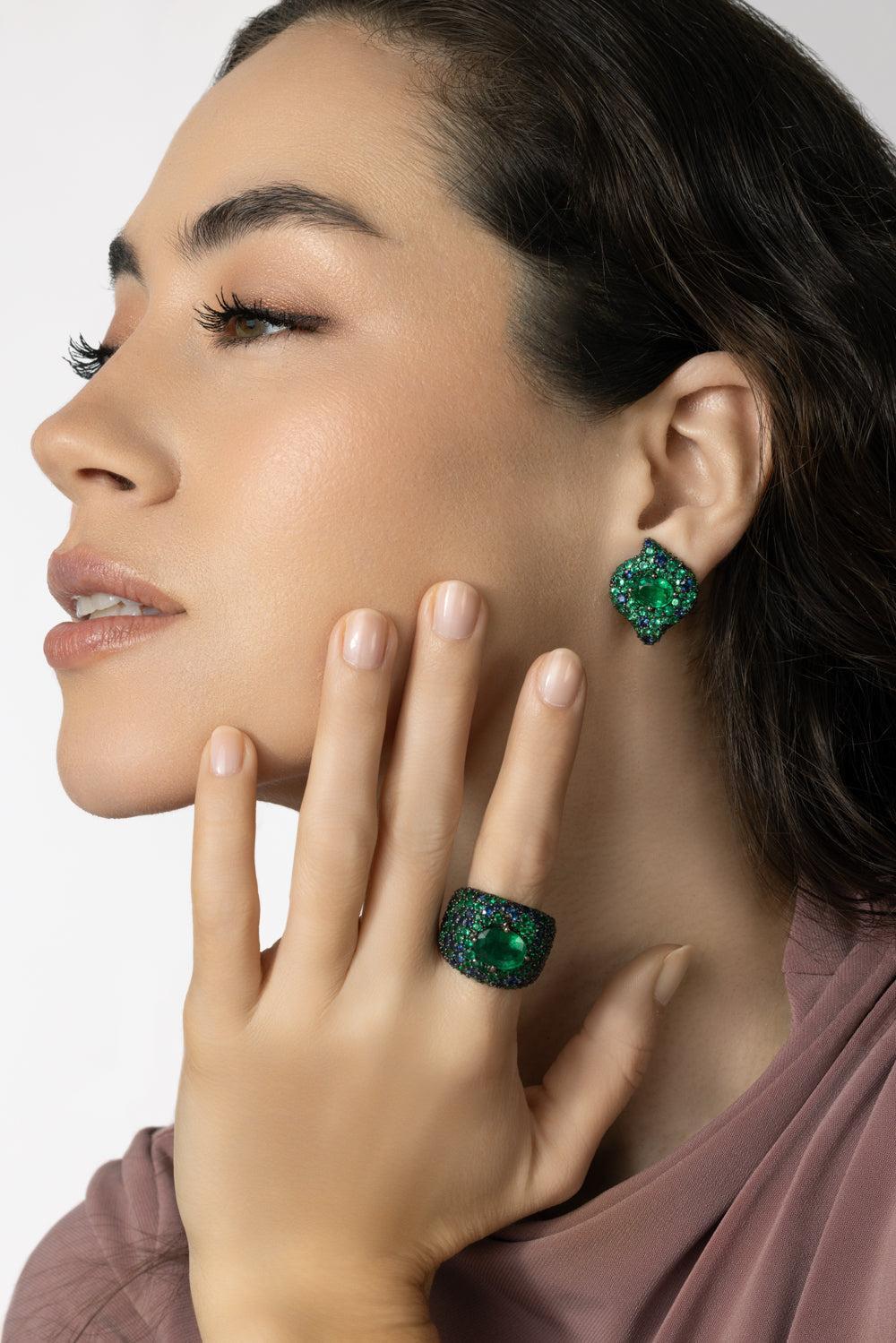 Emerald Sapphire Forest Earrings-YELLOW GOLD-JEWELRYFINE JEWELEARRING-PARULINA