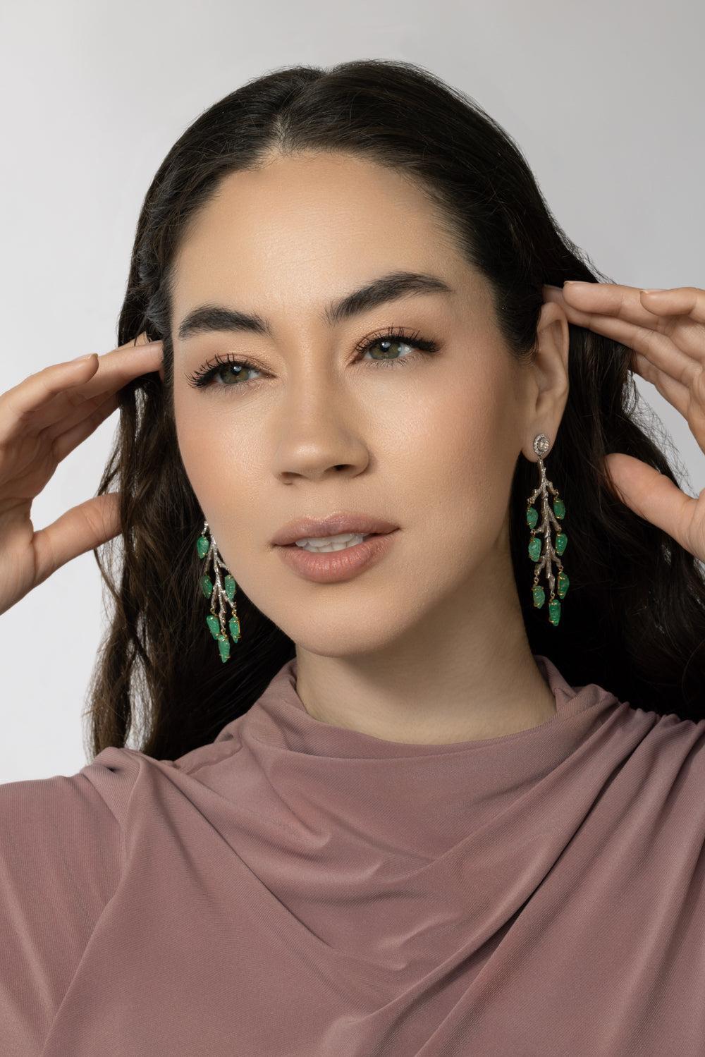 Diamond Emerald Leaf Enchanted Forest Earrings-WHITE GOLD-JEWELRYFINE JEWELEARRING-PARULINA