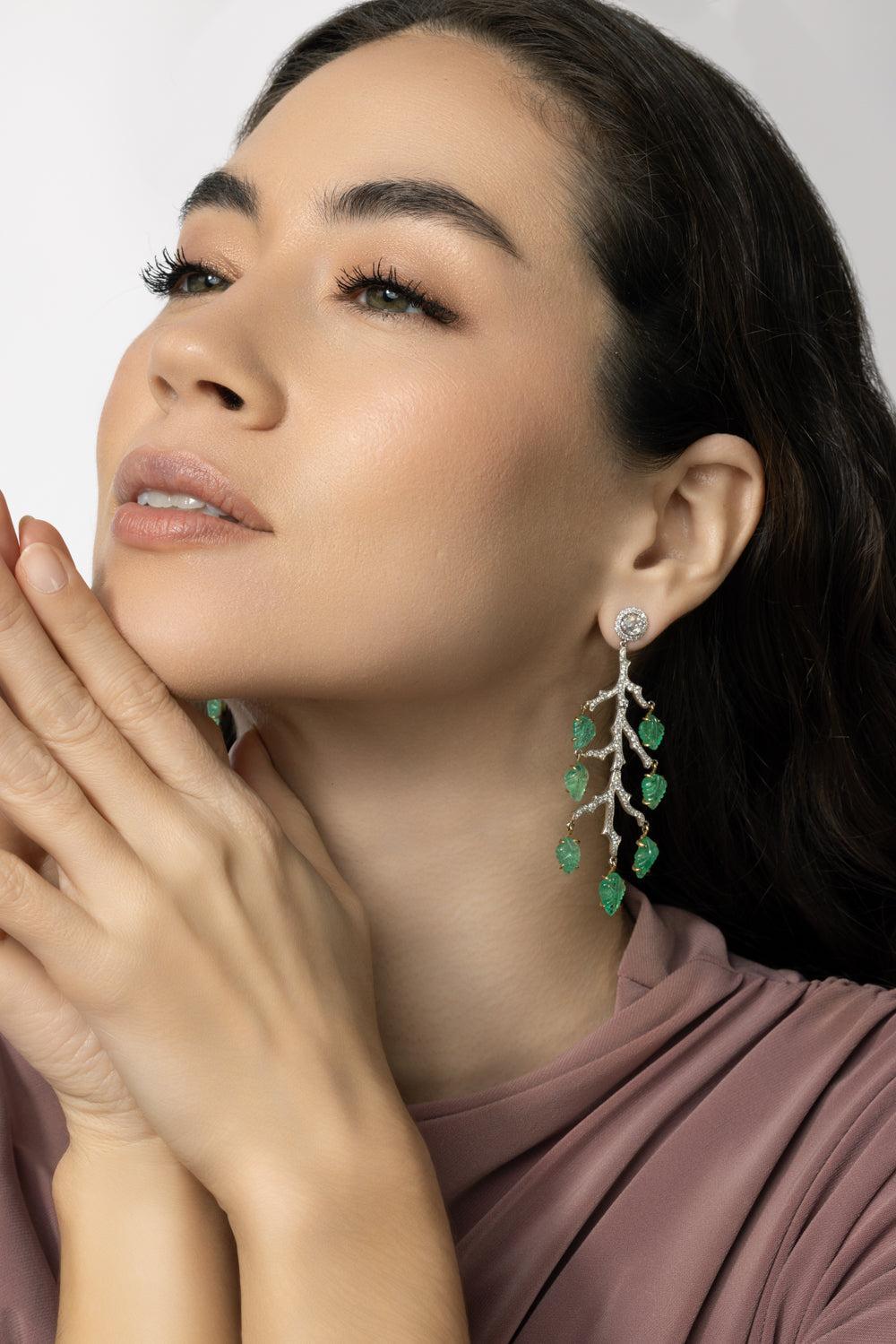 Diamond Emerald Leaf Enchanted Forest Earrings-WHITE GOLD-JEWELRYFINE JEWELEARRING-PARULINA