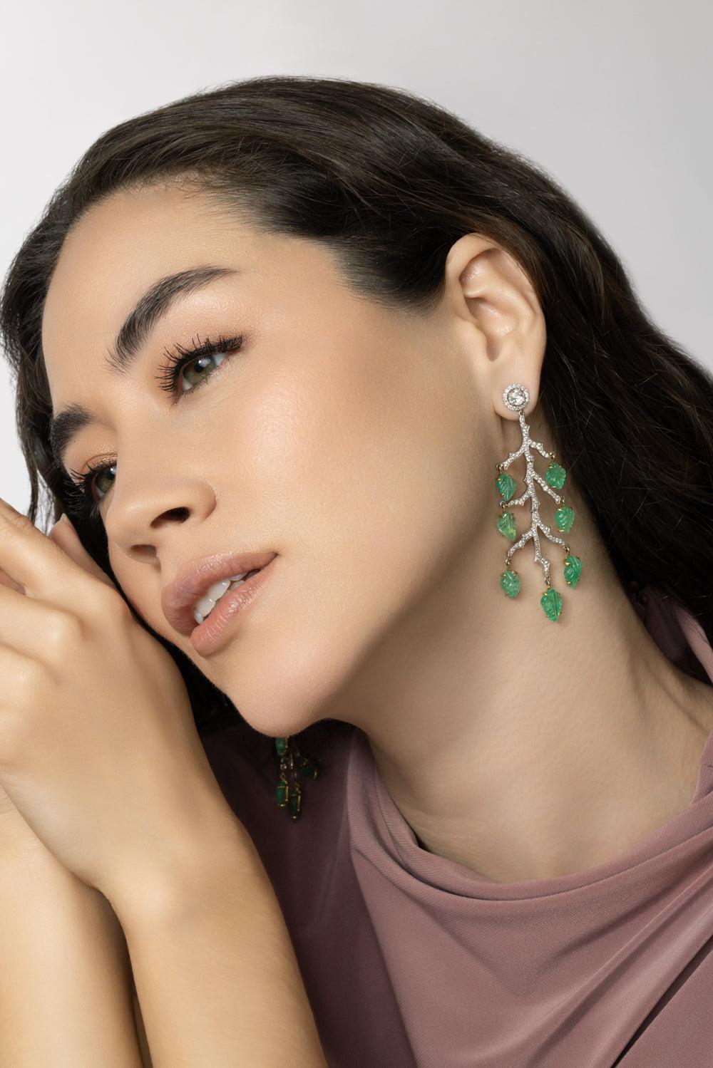 Diamond Emerald Leaf Enchanted Forest Earrings-WHITE GOLD-JEWELRYFINE JEWELEARRING-PARULINA