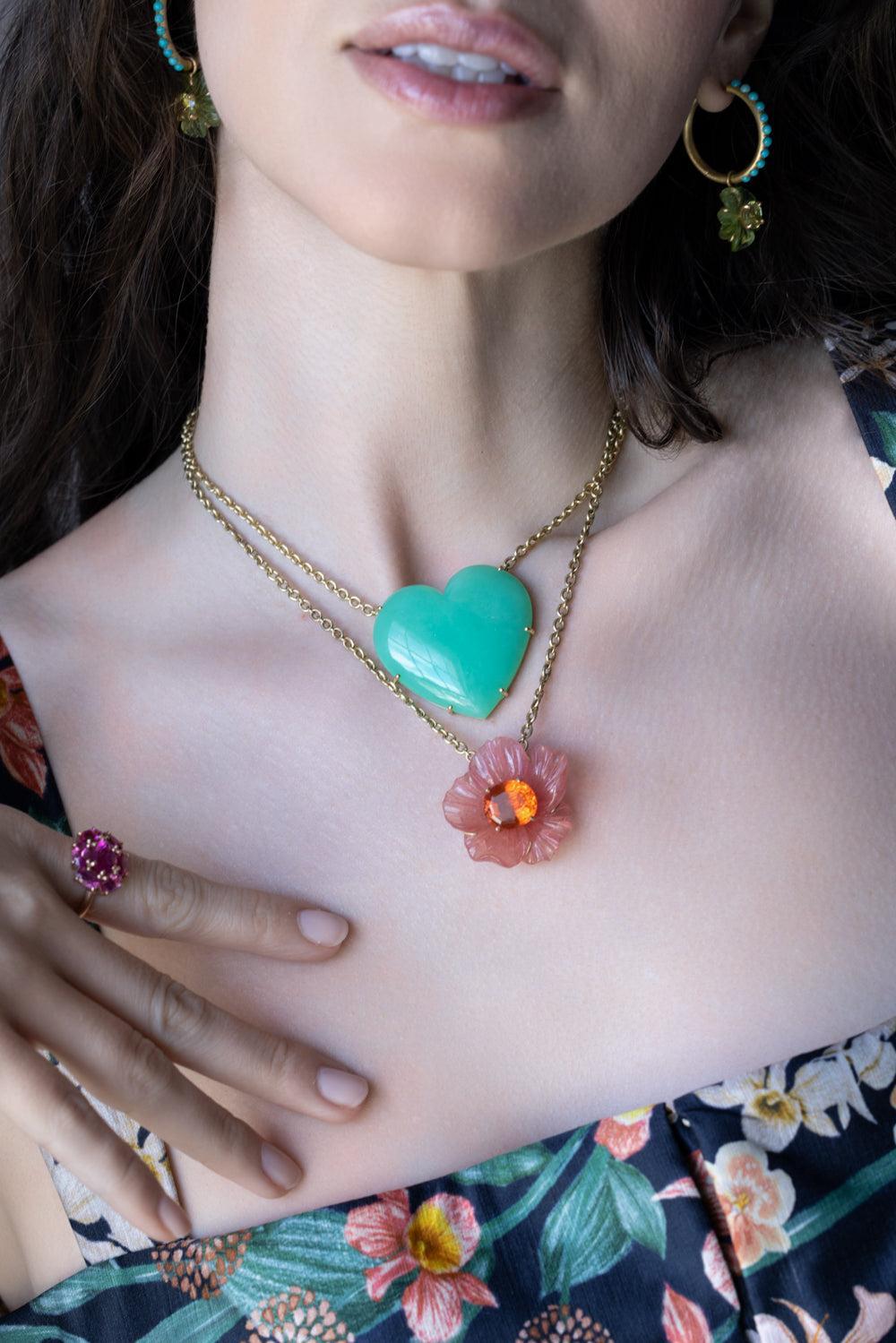 Rhodochrosite Fire Opal Tropical Flower Necklace-YELLOW GOLD-JEWELRYFINE JEWELNECKLACE O-IRENE NEUWIRTH JEWELRY