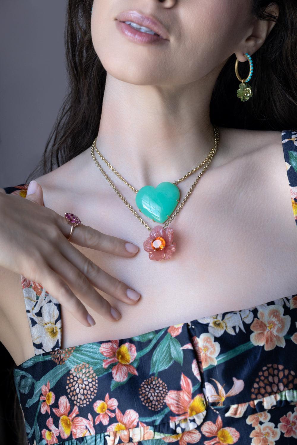 Rhodochrosite Fire Opal Tropical Flower Necklace-YELLOW GOLD-JEWELRYFINE JEWELNECKLACE O-IRENE NEUWIRTH JEWELRY