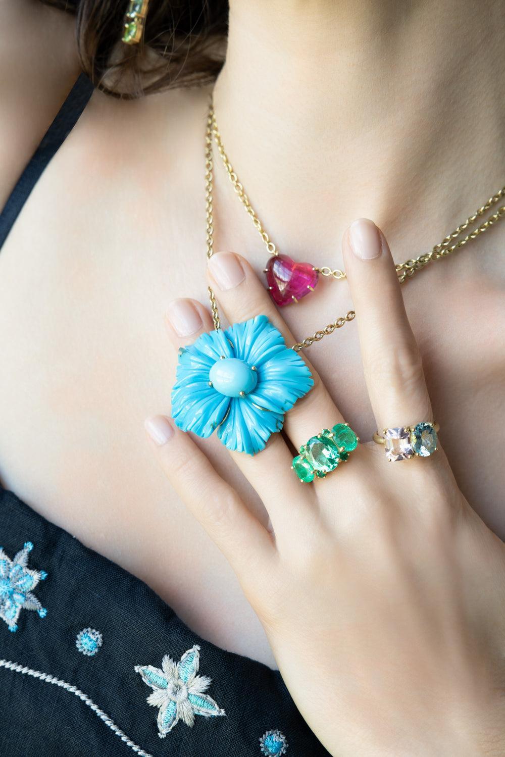 Turquoise Tropical Flower Necklace-YELLOW GOLD-JEWELRYFINE JEWELNECKLACE O-IRENE NEUWIRTH JEWELRY