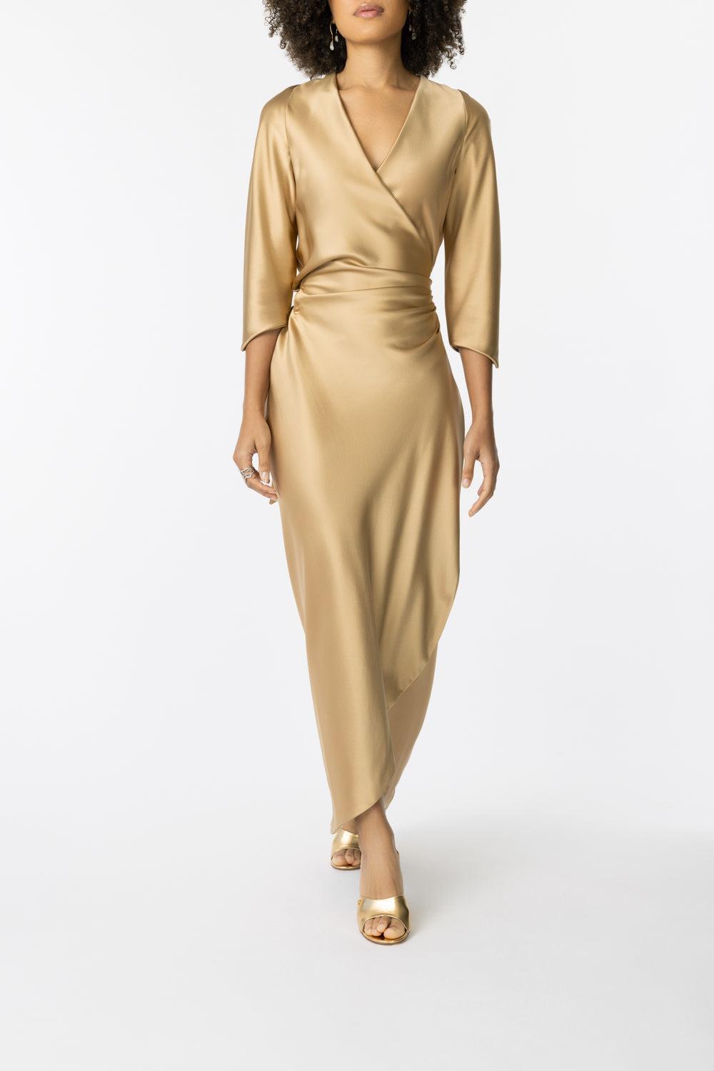 Sleeve Sign Wrap Dress-GOLD-P-CLOTHINGDRESSCOCKTAIL-PETER COHEN