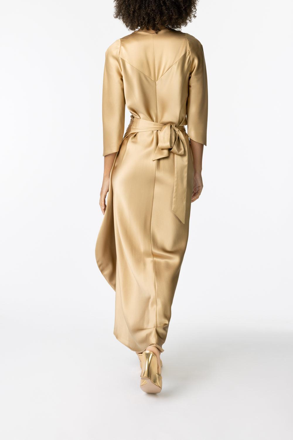 Sleeve Sign Wrap Dress-GOLD-P-CLOTHINGDRESSCOCKTAIL-PETER COHEN