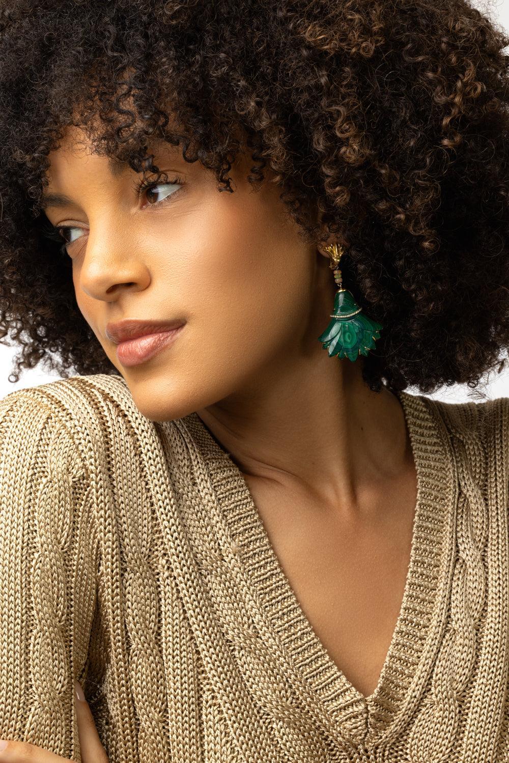 Malachite Lotus Flower Earrings-YELLOW GOLD-JEWELRYFINE JEWELEARRING-SILVIA FURMANOVICH