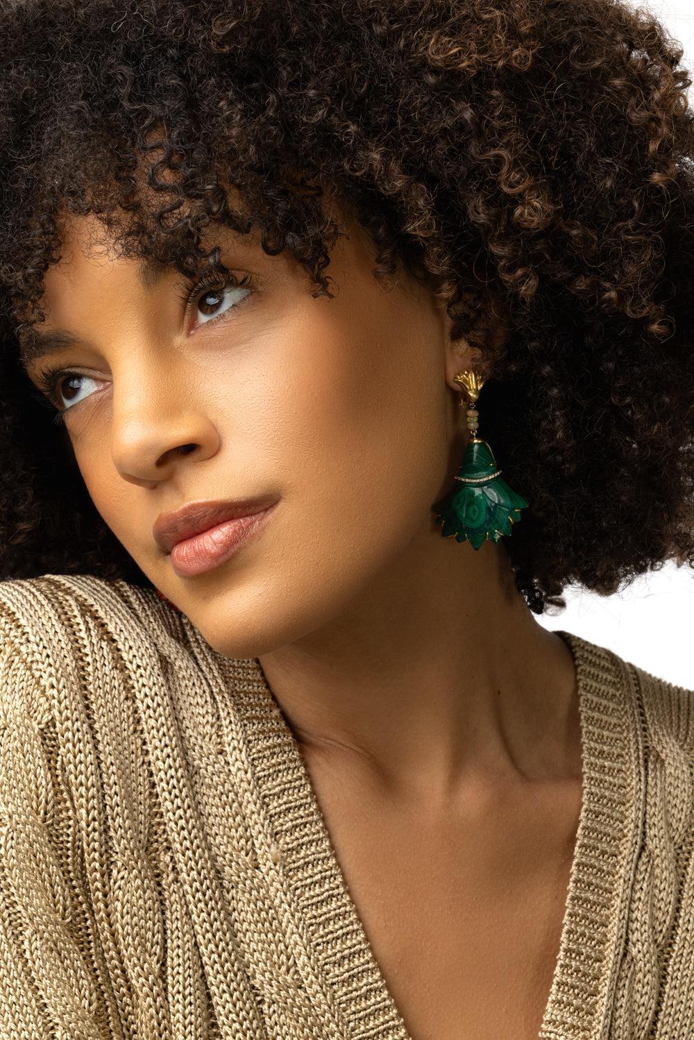 Malachite Lotus Flower Earrings-YELLOW GOLD-JEWELRYFINE JEWELEARRING-SILVIA FURMANOVICH
