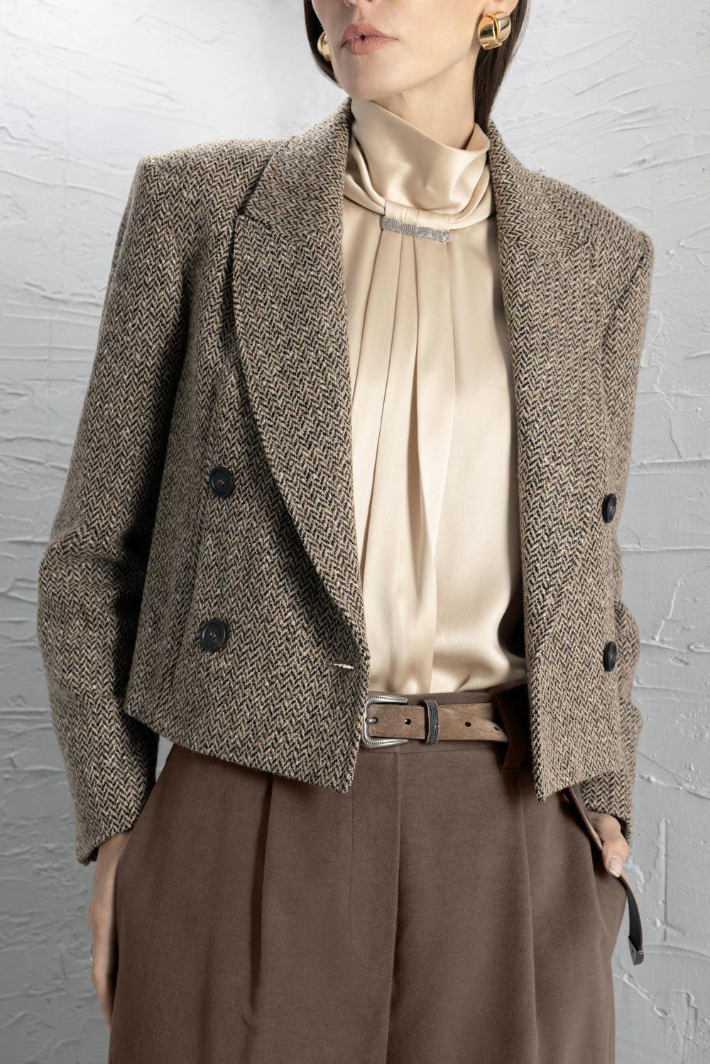 Sparkling Chevron Crop Blazer-BROWN-38-CLOTHINGJACKETCROPPED-BRUNELLO CUCINELLI