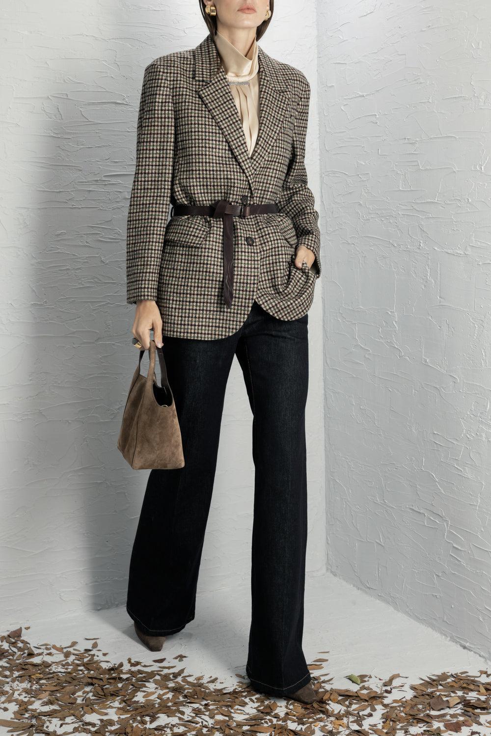 Prince Of Whales Mixed Media Belt Blazer-BROWN-38-CLOTHINGJACKETBLAZERS-BRUNELLO CUCINELLI
