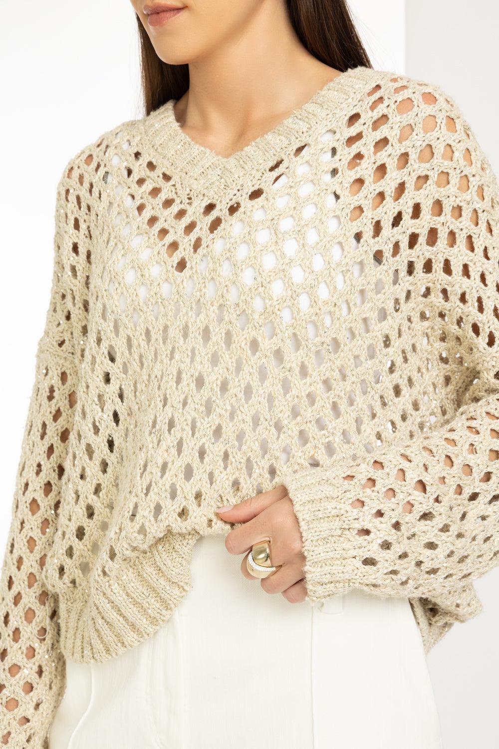 Pailette V-Neck Sweater-CREAM-XS-CLOTHINGTOPSWEATER-BRUNELLO CUCINELLI