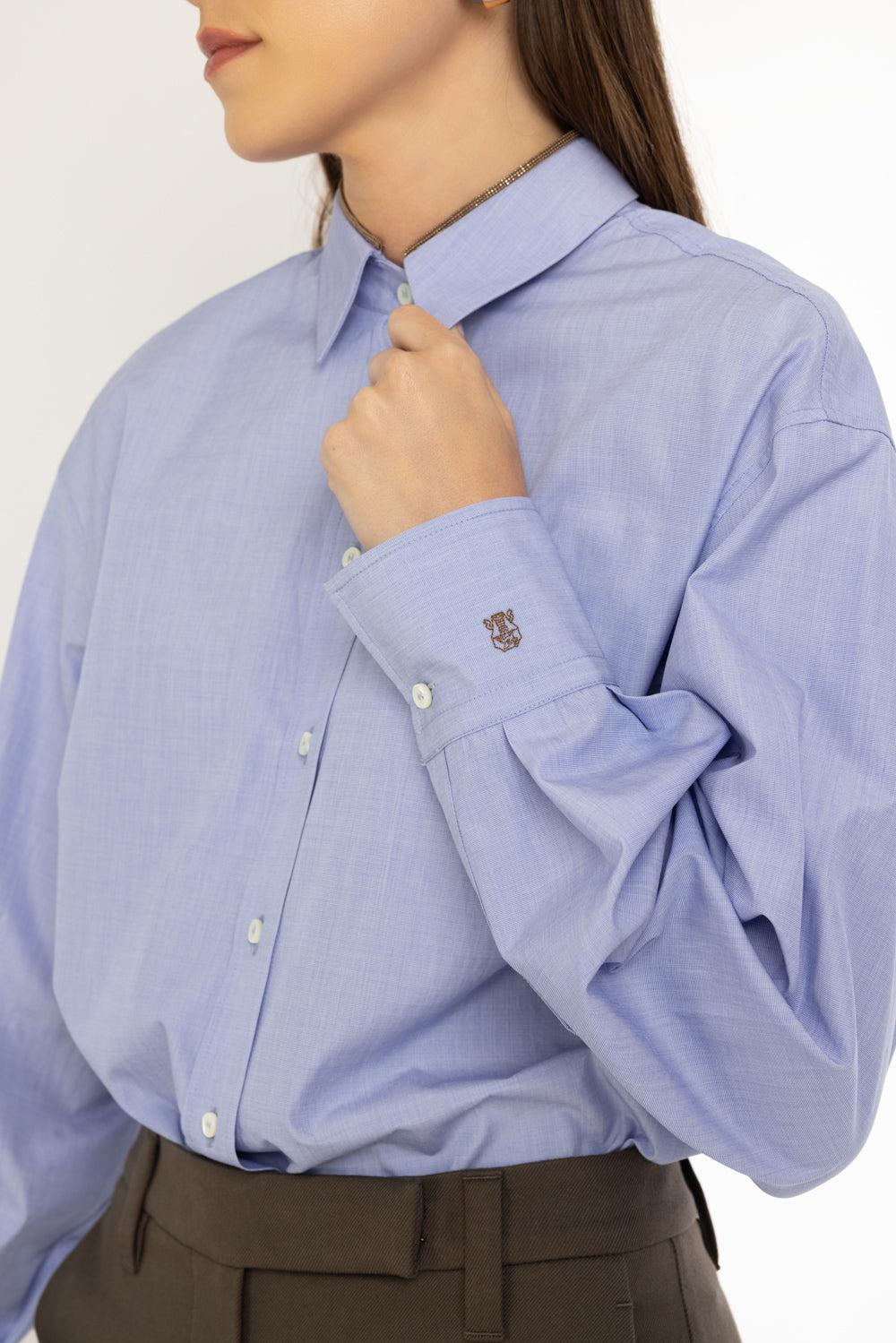Shiny Collar End-On-End Shirt-LIGHT BLUE-XS-CLOTHINGTOPBLOUSE-BRUNELLO CUCINELLI