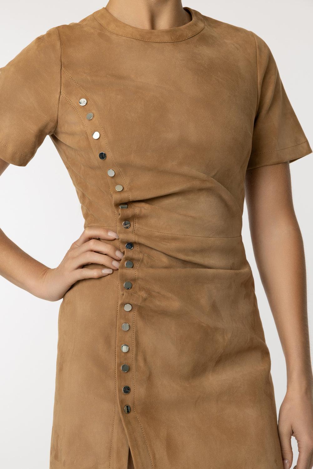 Gathered Button Short Dress - New Caramel-NWCARAML-36-CLOTHINGDRESSCASUAL-RABANNE