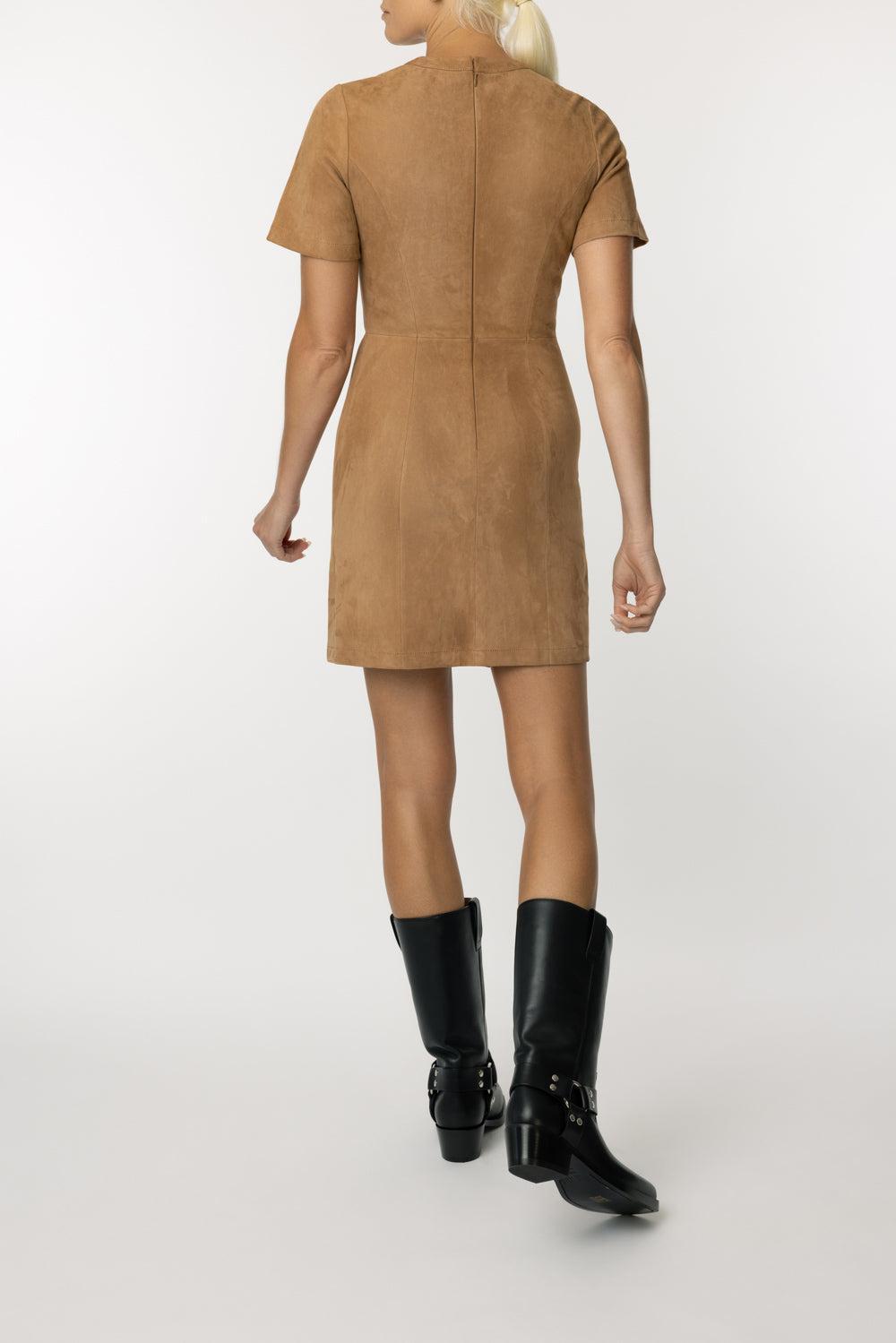 Gathered Button Short Dress - New Caramel-NWCARAML-36-CLOTHINGDRESSCASUAL-RABANNE