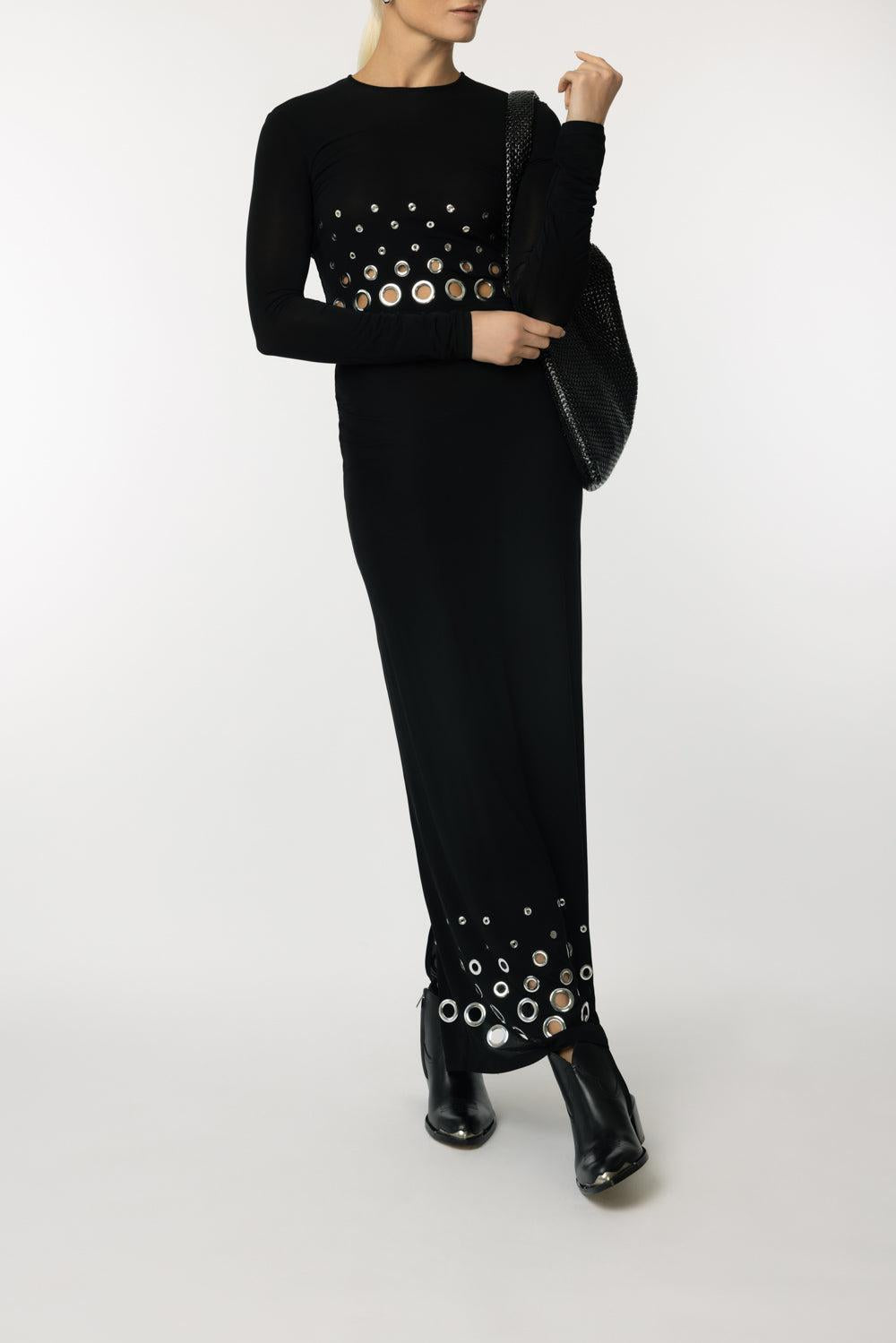 Ring Detail Maxi Skirt-BLACK-36-CLOTHINGSKIRTMAXI-RABANNE