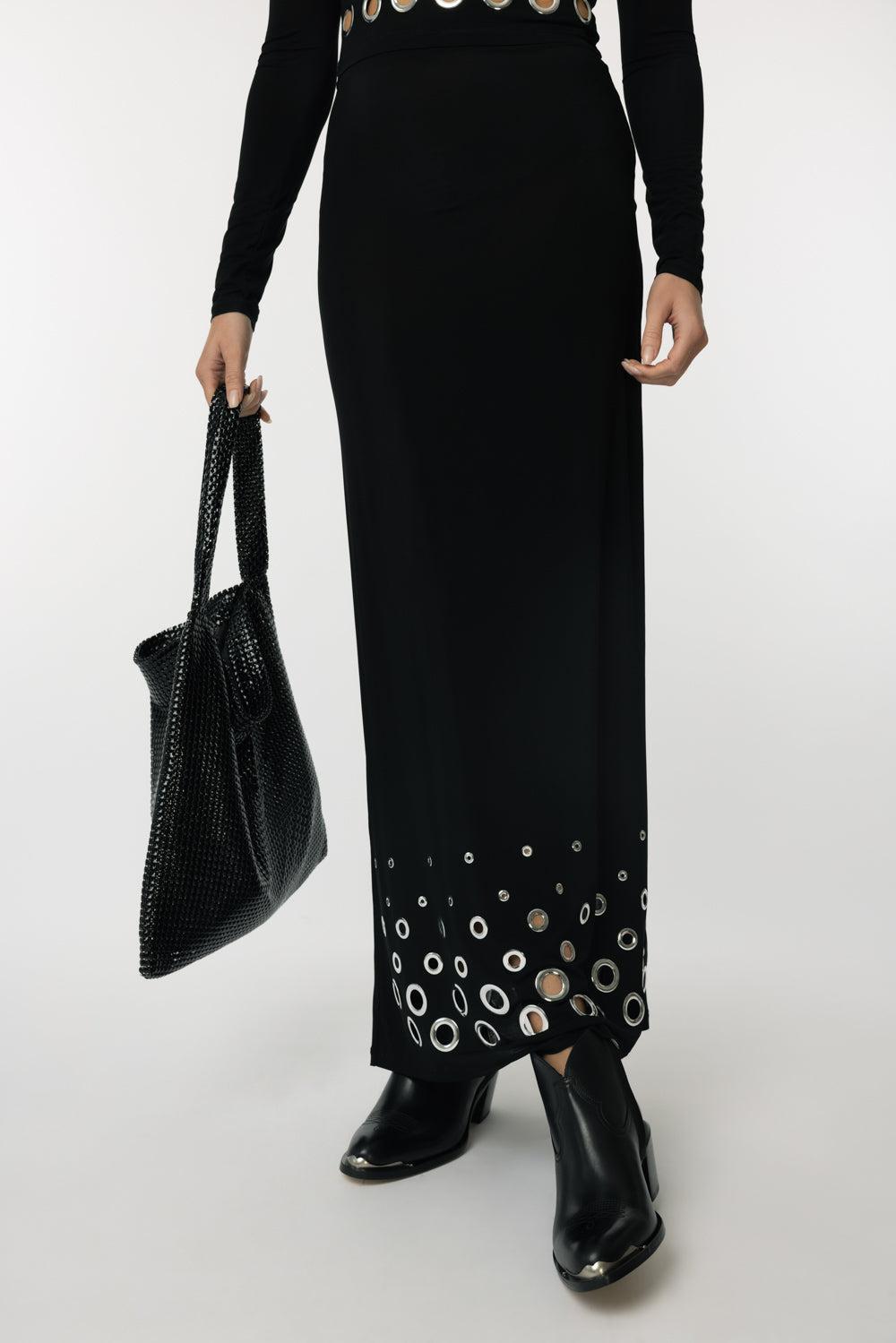 Ring Detail Maxi Skirt-BLACK-36-CLOTHINGSKIRTMAXI-RABANNE