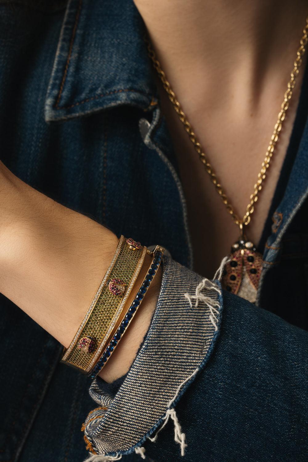 Blue Sapphire Keeper Bangle Bracelet-YELLOW GOLD-17-JEWELRYFINE JEWELBRACELET O-GRACE WINFREY