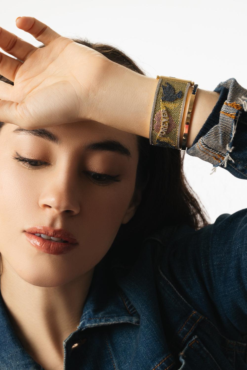 Blue Doves Cuff Bracelet-YELLOW GOLD-17-JEWELRYFINE JEWELBRACELET O-GRACE WINFREY