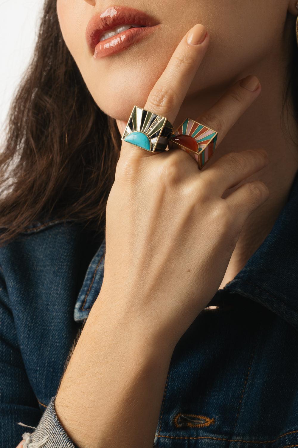 Turquoise Pearl Sun Ray Ring-YELLOW GOLD-7-JEWELRYFINE JEWELRING-GRACE WINFREY