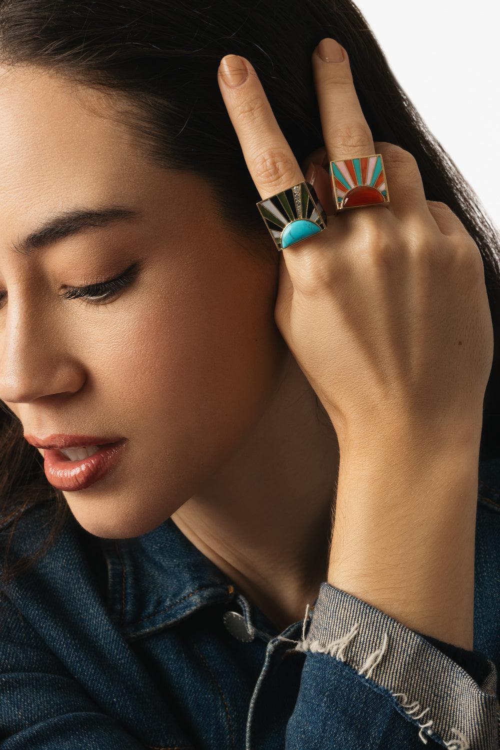 Turquoise Pearl Sun Ray Ring-YELLOW GOLD-7-JEWELRYFINE JEWELRING-GRACE WINFREY