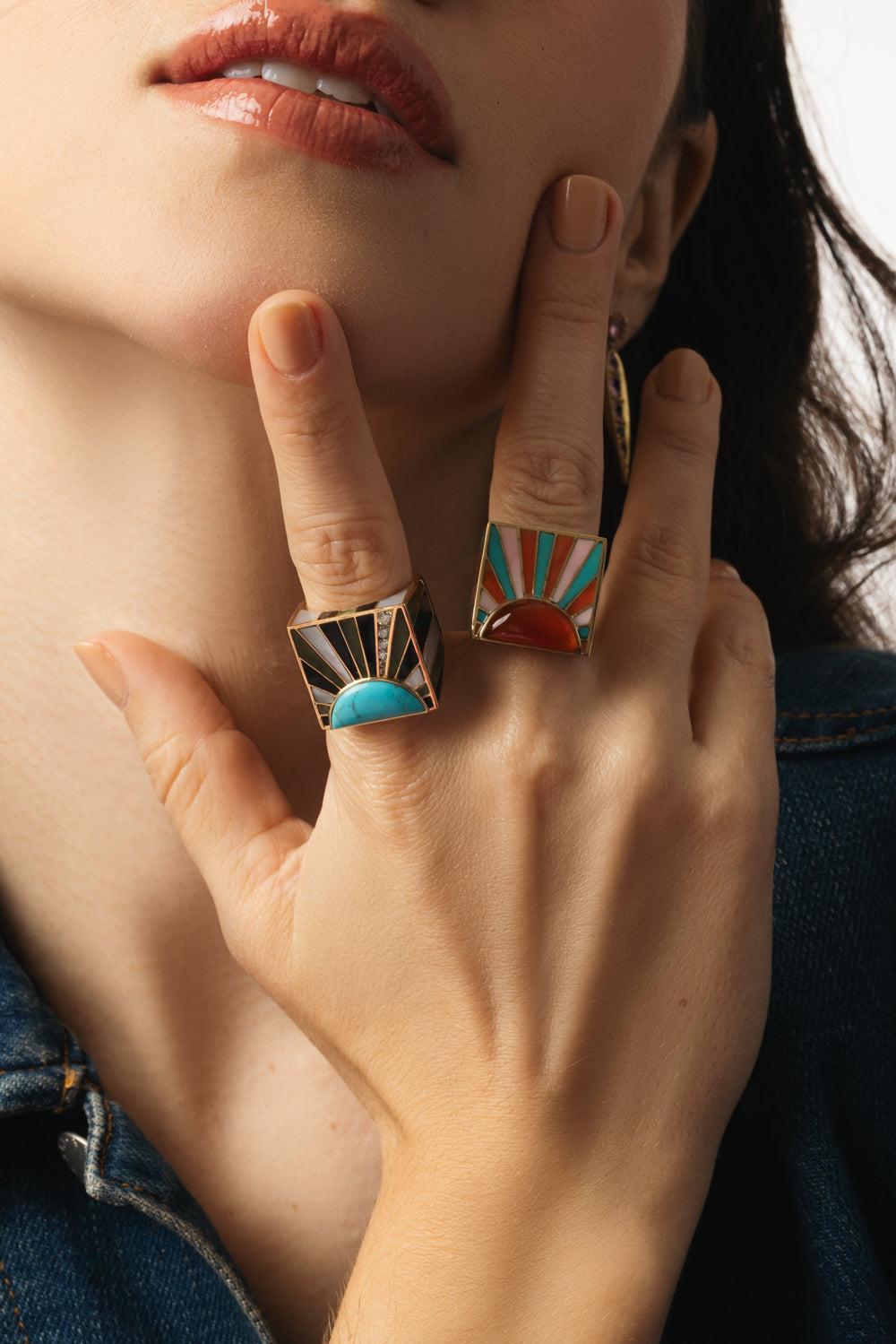 Turquoise Pearl Sun Ray Ring-YELLOW GOLD-7-JEWELRYFINE JEWELRING-GRACE WINFREY