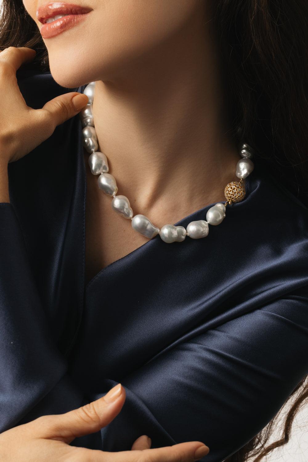 South Sea Pearl Diamond Necklace-YELLOW GOLD-16.5-JEWELRYFINE JEWELNECKLACE O-BAGGINS