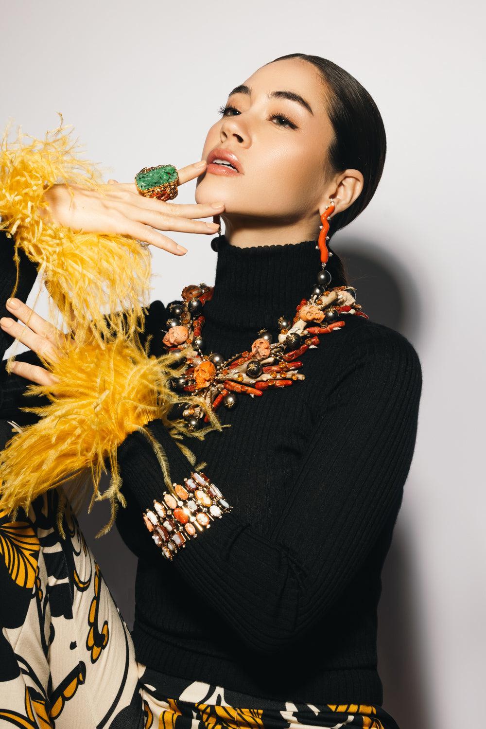 Coral Diamond Line Drop Earrings-YELLOW GOLD-JEWELRYFINE JEWELEARRING-TONY DUQUETTE