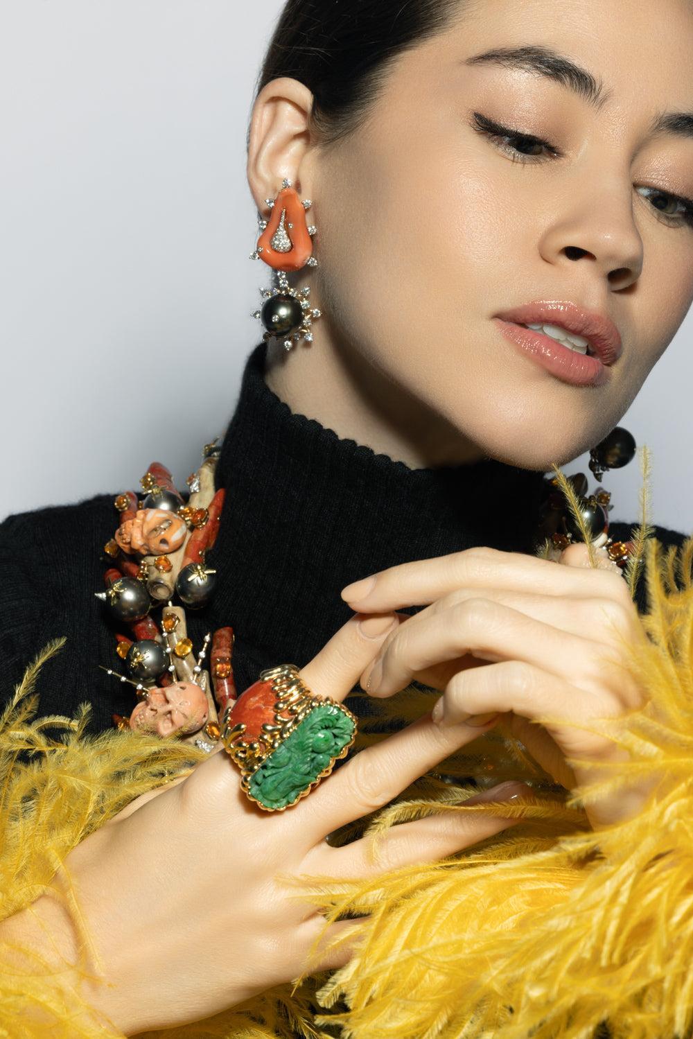 Coral Diamond Pearl Earrings-YELLOW GOLD-JEWELRYFINE JEWELEARRING-TONY DUQUETTE