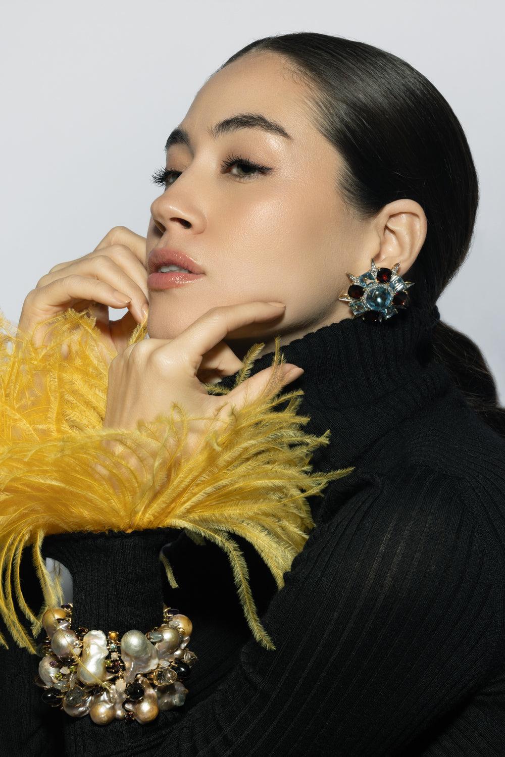 Blue Topaz Diamond Spike Earrings-YELLOW GOLD-JEWELRYFINE JEWELEARRING-TONY DUQUETTE