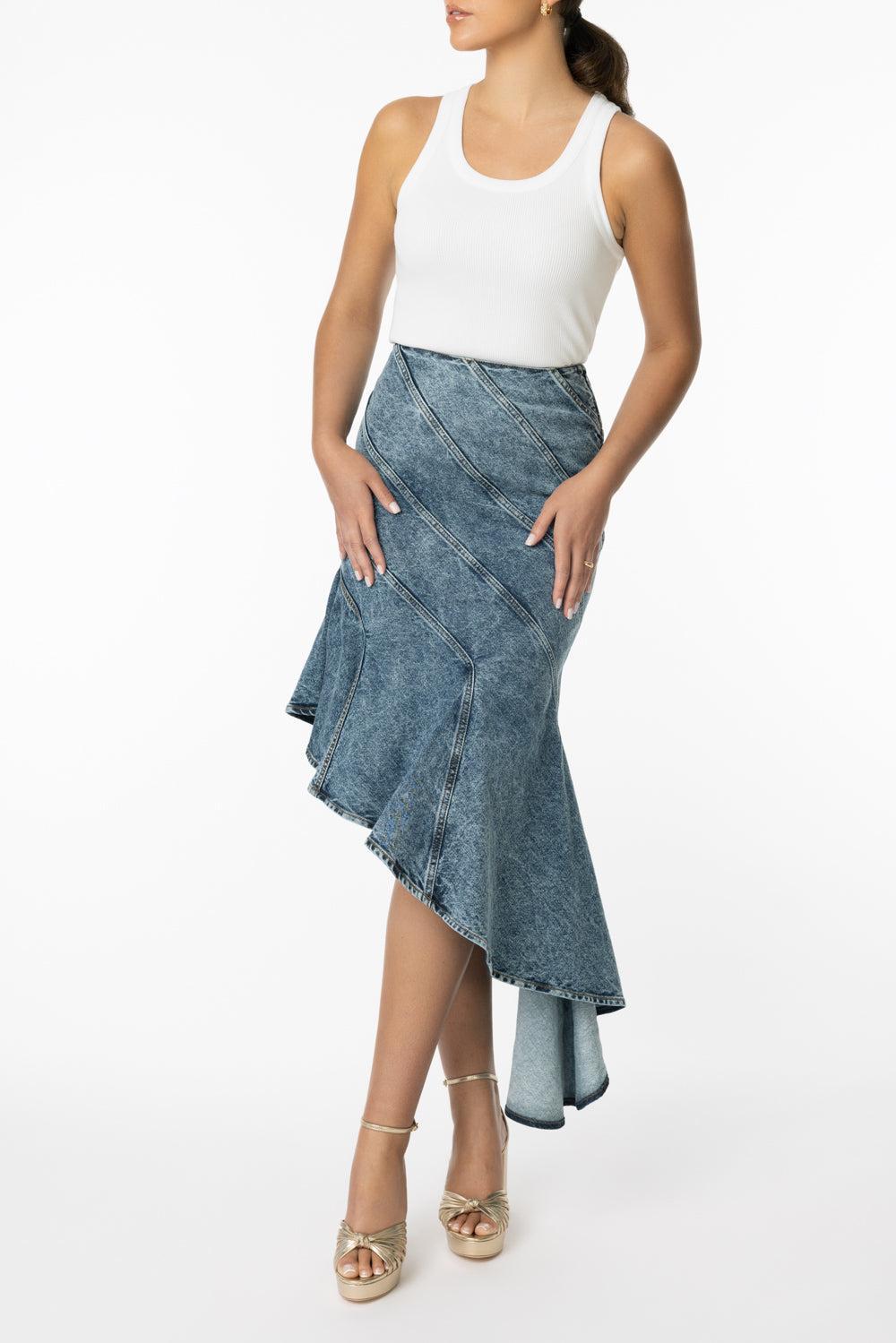 Denim Spiral Skirt-BLEUNEIG-36-CLOTHINGSKIRTMIDI-ALAÏA
