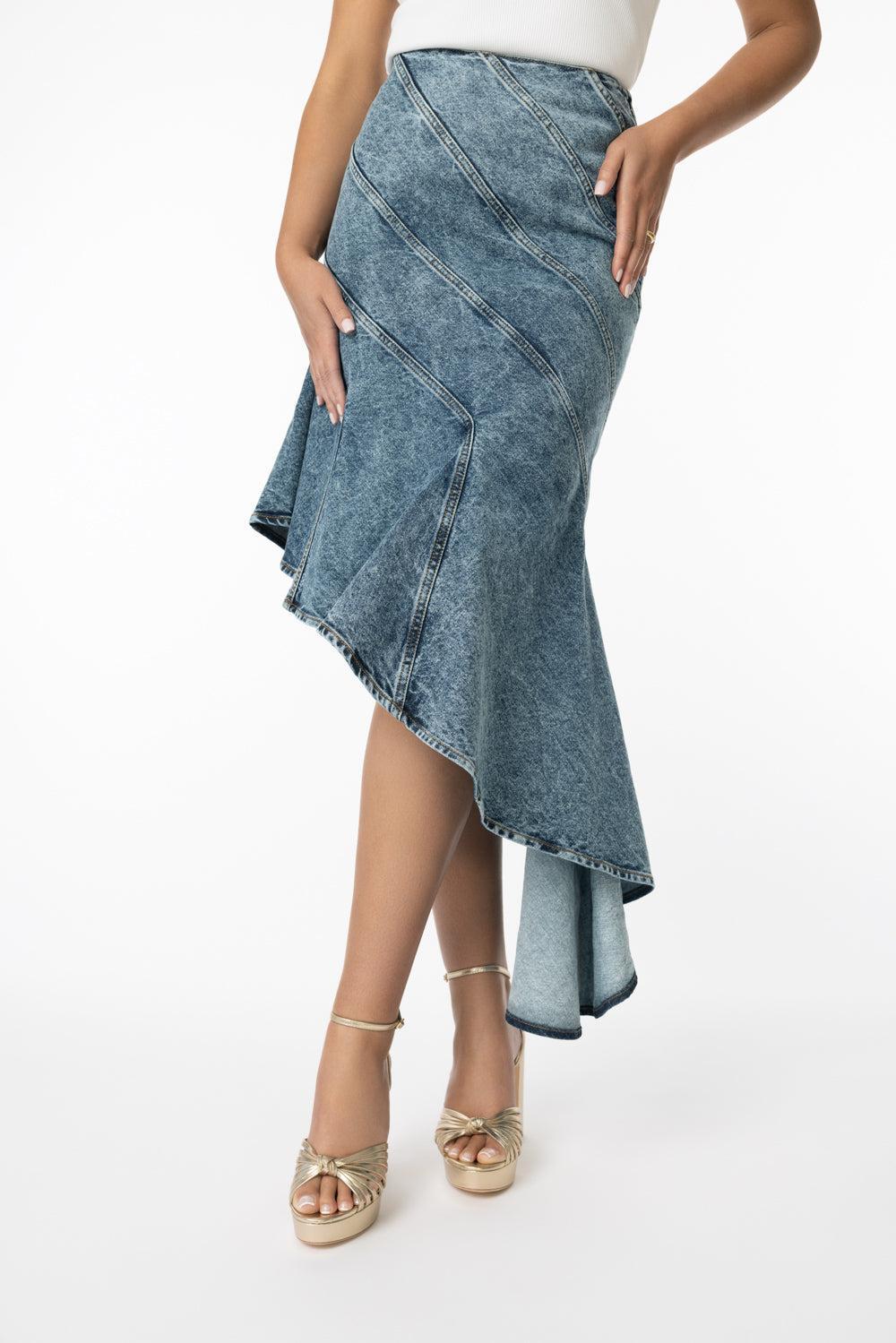 Denim Spiral Skirt-BLEUNEIG-36-CLOTHINGSKIRTMIDI-ALAÏA