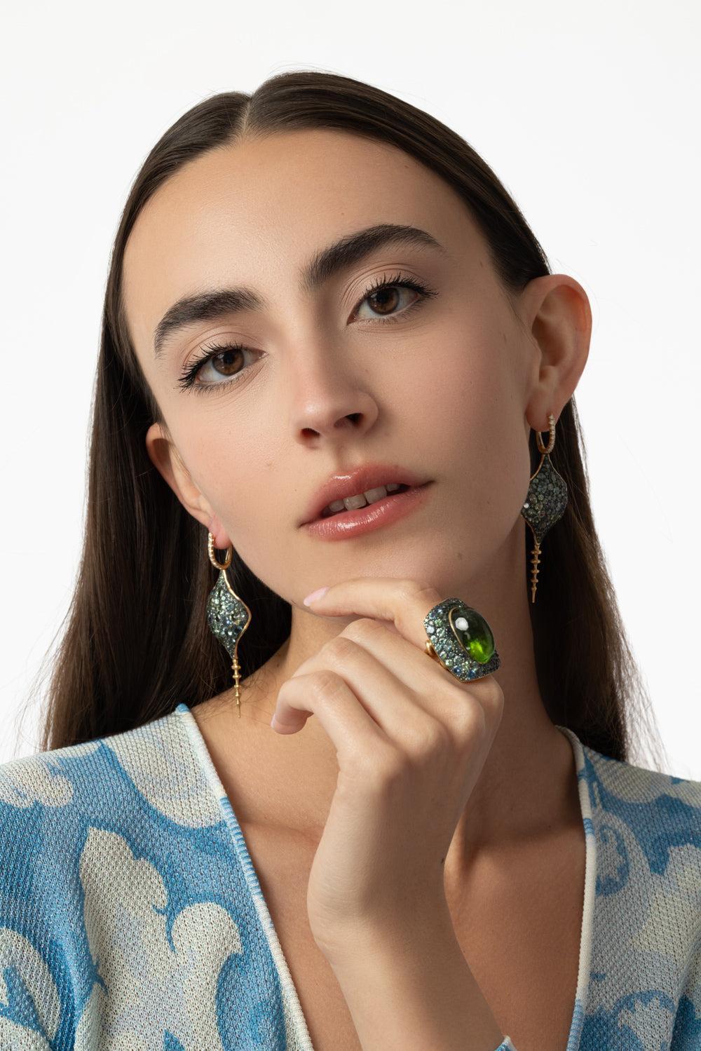 Large Green Sapphire DiaChrona Earrings-YELLOW GOLD-JEWELRYFINE JEWELEARRING-VRAM