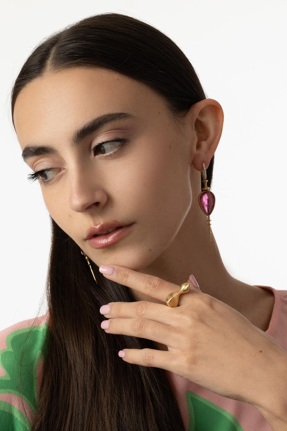 Pink Tourmaline Chrona Totem Earrings-YELLOW GOLD-JEWELRYFINE JEWELEARRING-VRAM