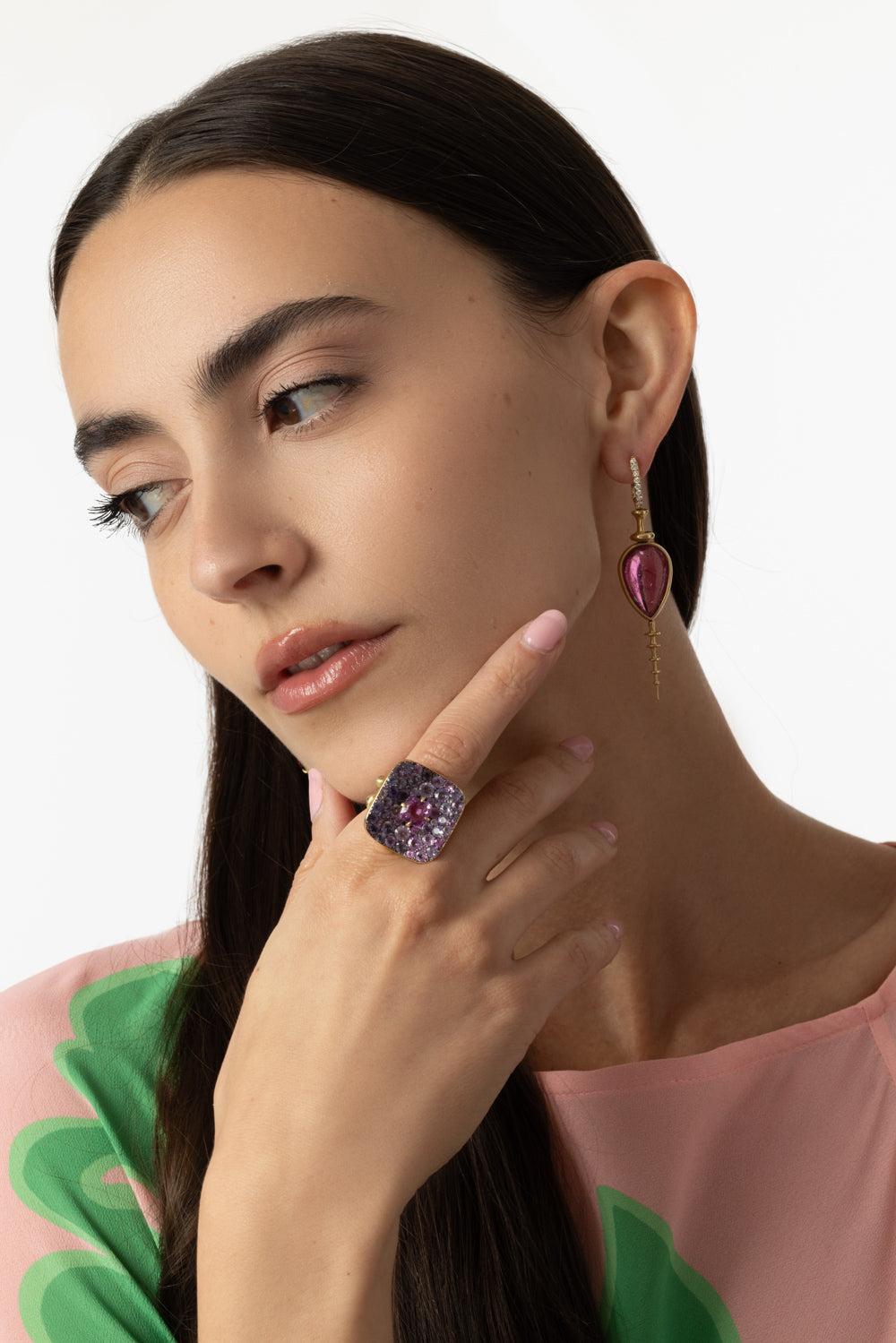 Pink Tourmaline Chrona Totem Earrings-YELLOW GOLD-JEWELRYFINE JEWELEARRING-VRAM