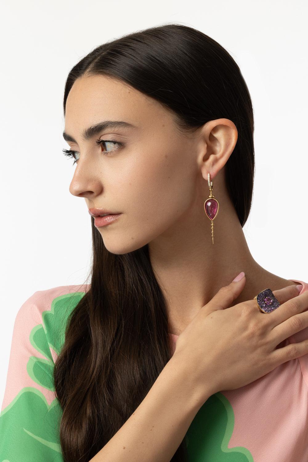 Pink Tourmaline Chrona Totem Earrings-YELLOW GOLD-JEWELRYFINE JEWELEARRING-VRAM