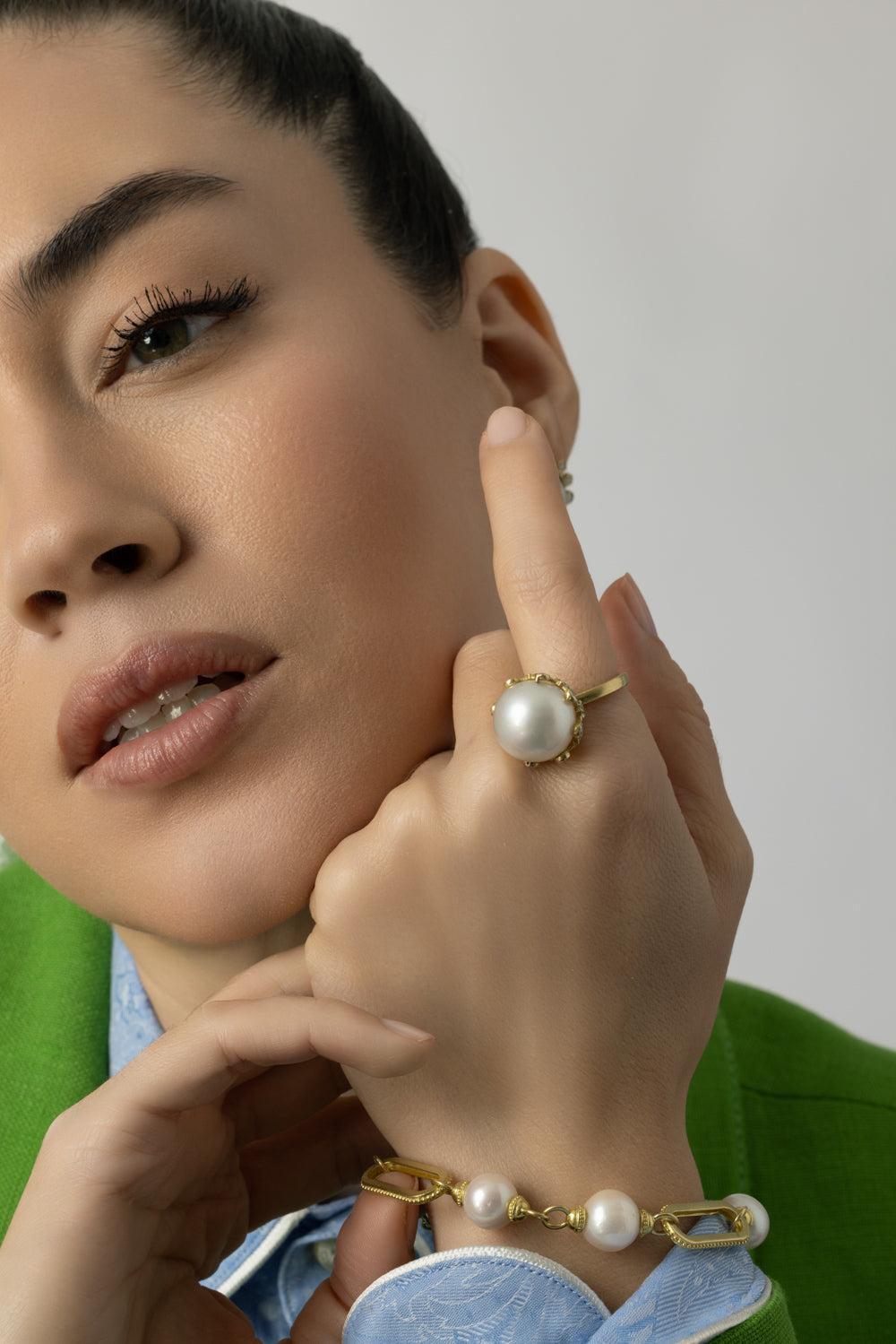 Royal Couture Pearl Net Flower Diamond Ring-YELLOW GOLD-7-JEWELRYFINE JEWELRING-TANYA FARAH